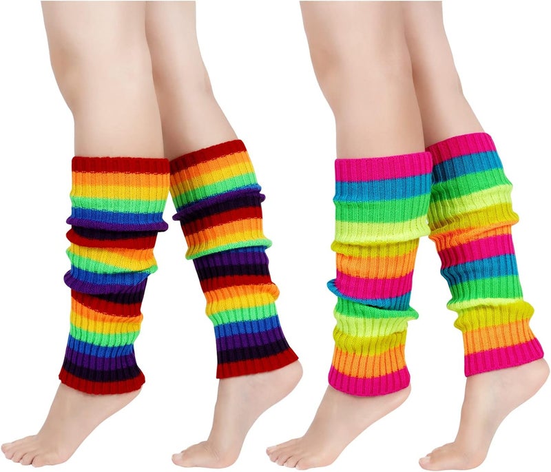 Junely 2 Pairs Leg Warmers for Women 80s Ribbed Knit Leg Warmer Pack for Ballet Dance Figure Skating Yoga Party Neon - Image 1